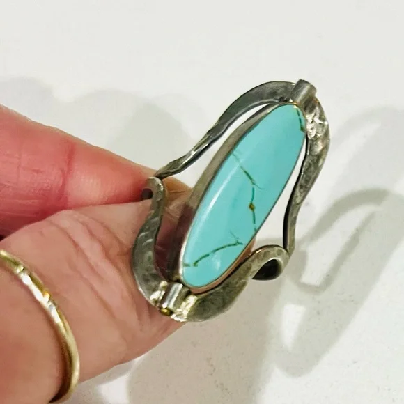 RARE VTG Reversible Artisan Ring, Tibetan Silver,Dual Turquoise Cabochons, Sz 9 - Picture 3 of 11